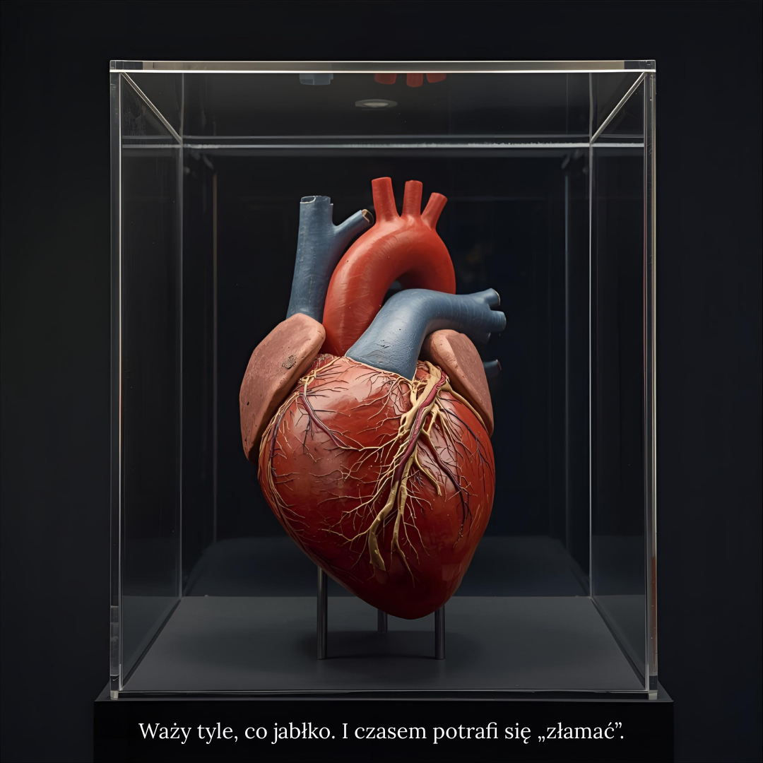 Model ludzkiego serca w realistycznych barwach, umieszczony w szklanej gablocie wystawowej. Na dole widoczny napis: Waży tyle, co jabłko. I czasem potrafi się „złamać”.